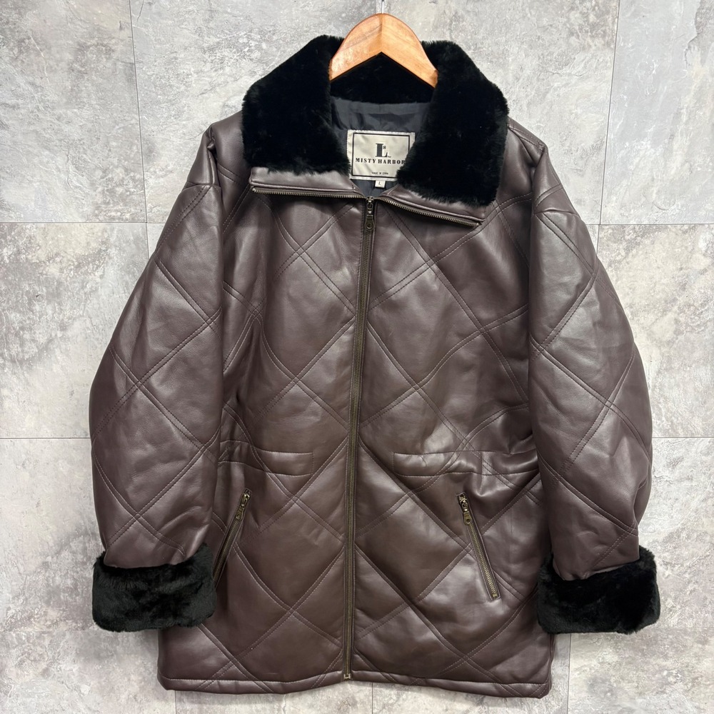 Misty Harbor Womens Quilted Faux Leather Jacket Brown Faux Fur Trim Large